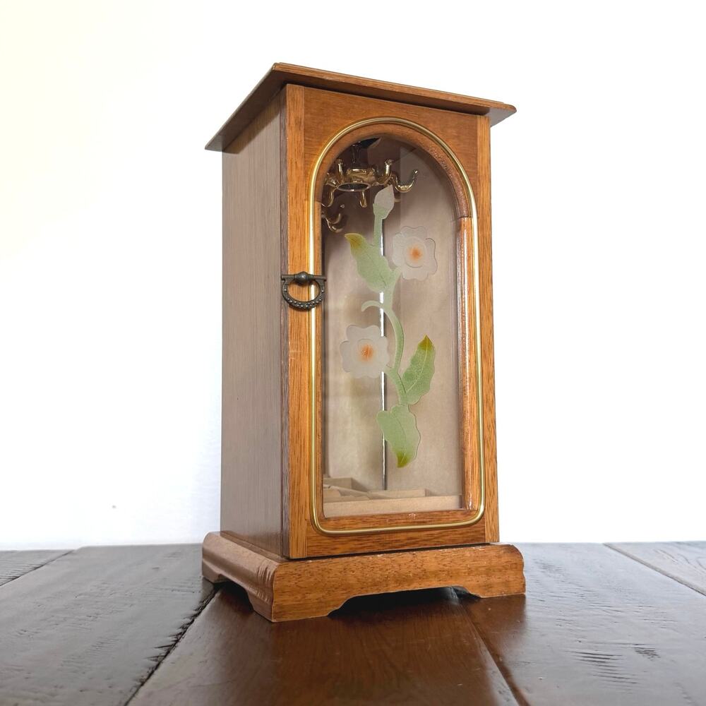 Vintage Wooden Jewelry Box with Stained Glass Door | Boho Vanity Decor